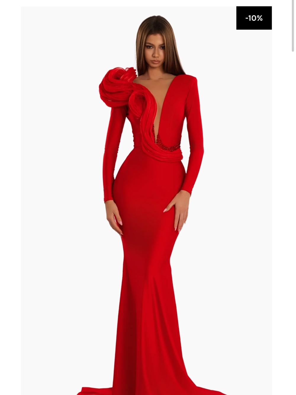 Red Long-Sleeve Plunge Evening Gown with Sculpted Shoulder Detail